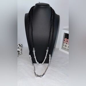 Chico’s Black Twisted Cord Statement Necklace Silver-Tone Accents